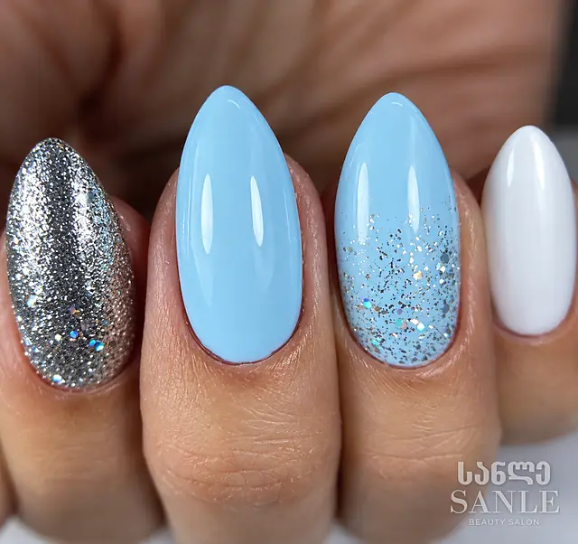 Sky blue and glitter nails — work by SANLE