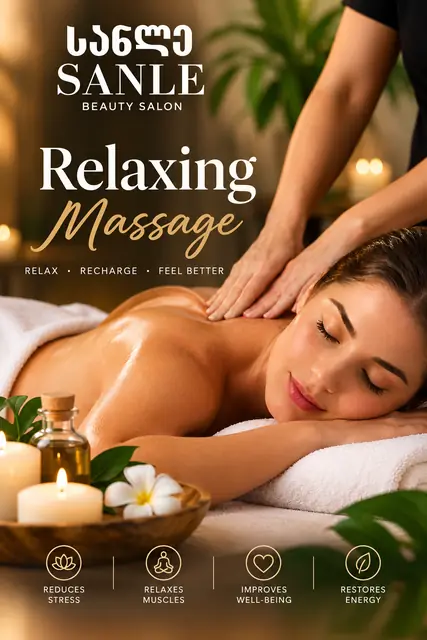 Relaxing massage at SANLE — a therapist massaging a woman's back, with candles and massage oil